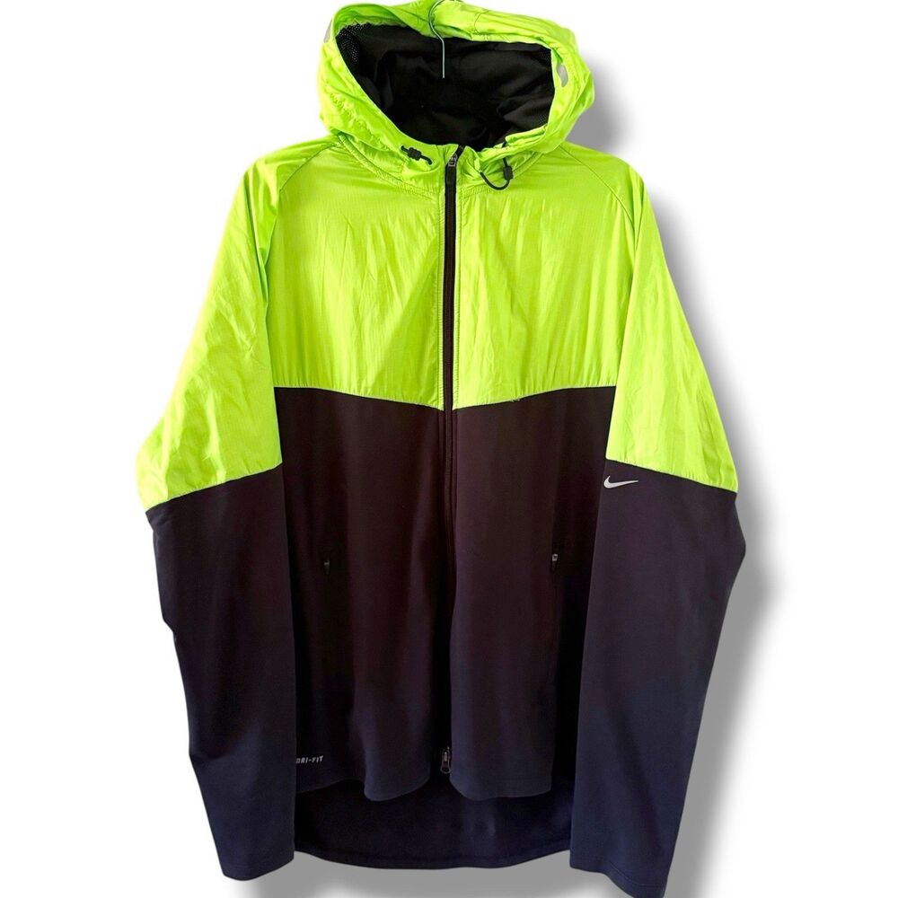 Nike Neon Green Black Dri Fit Windrunner Windbreaker Jacket Hoodie 2XL 585904